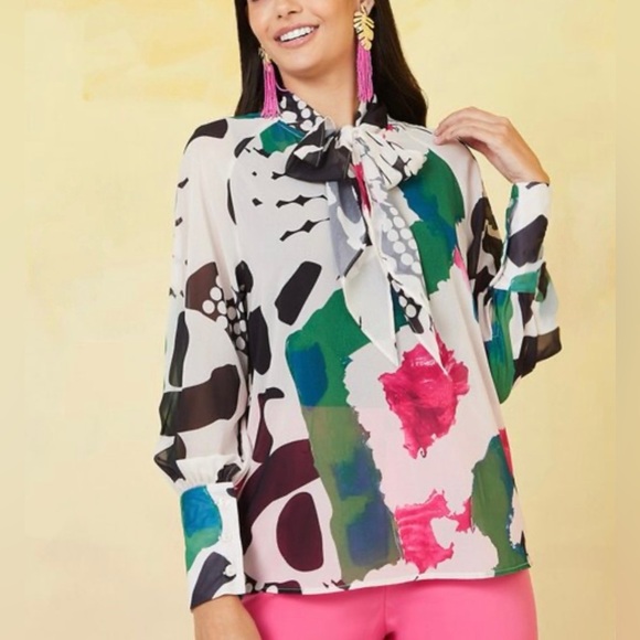 Vintage Abstract Print Neck-Tie Blouse - Picture 3 of 5